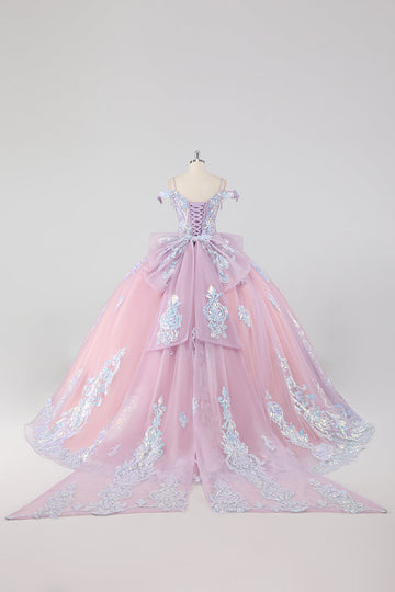 Prinsesse Blush Rosa Off the Shoulder Sequined Rhinestones Tyll Quinceanera Kjole med Sløyfe